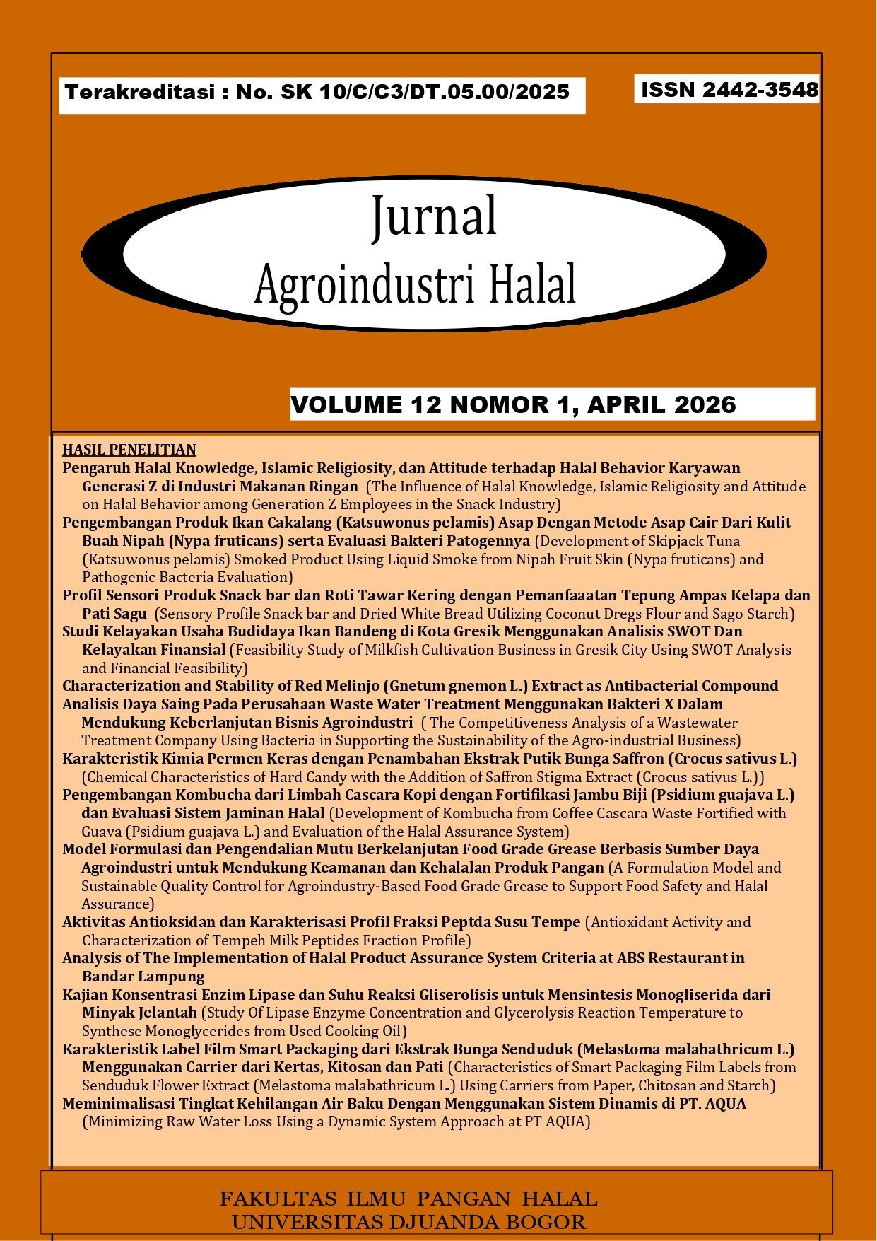 					View Vol. 12 No. 1 (2026): Jurnal Agroindustri Halal
				